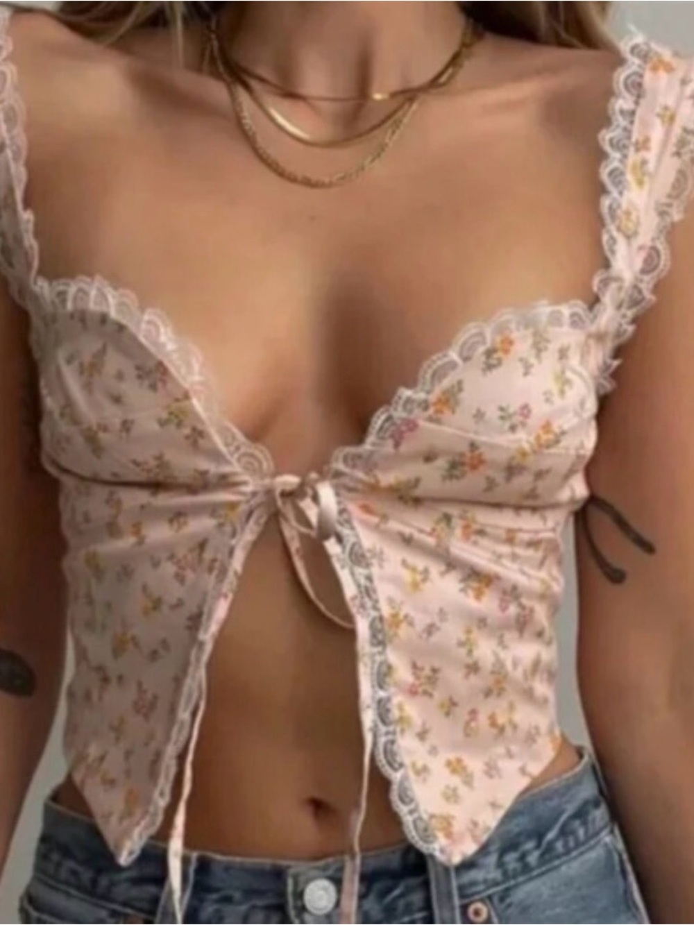 Rumored Pink Floral Lace-Trim Tie-Front Crop Top